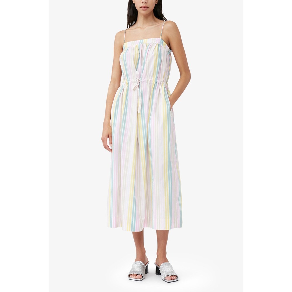 Ganni Striped Cotton‎ Midi Dress Multicolor Smocked Tie Front F7766 NWT Size 38